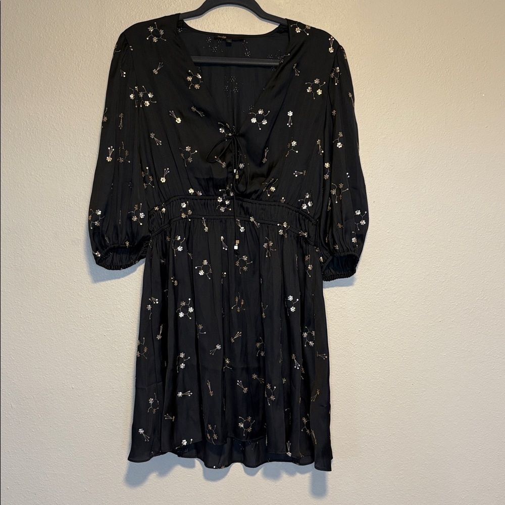 MAJE Black Satin Sequin-embellished satin mini dress size 40 (large) - Picture 7 of 12